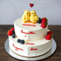 A two-floor vegan white cheesecake in the shape of a heart with two little yellow mastic chickens on top, hugging and smiling