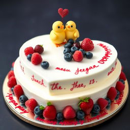 A two-floor vegan white cheesecake in the shape of a heart with two little yellow mastic chickens on top, hugging and smiling