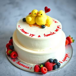 A two-floor vegan white cheesecake in the shape of a heart with two little yellow mastic chickens on top, hugging and smiling