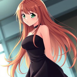 A beautiful anime girl with reddish-golden hair and a stunning figure, wearing a black dress and having green eyes