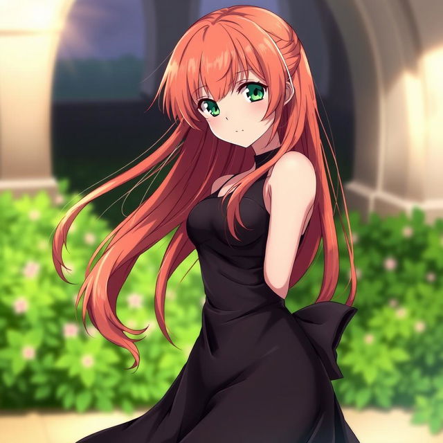 A beautiful anime girl with reddish-golden hair and a stunning figure, wearing a black dress and having green eyes