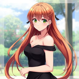 A beautiful anime girl with reddish-golden hair and a stunning figure, wearing a black dress and having green eyes