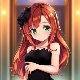 A beautiful anime girl with reddish-golden hair and a stunning figure, wearing a black dress and having green eyes