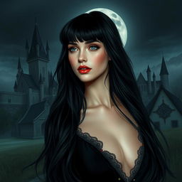 A stunning and enigmatic woman with long dark hair with bangs, very fair skin, a youthful and sweet face, and red lips, walking near a castle on a full moon night