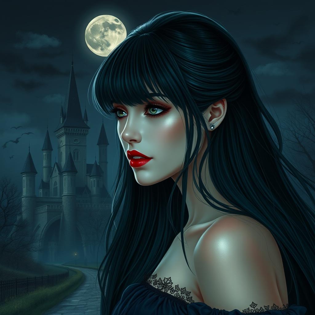 A stunning and enigmatic woman with long dark hair with bangs, very fair skin, a youthful and sweet face, and red lips, walking near a castle on a full moon night