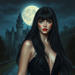 A stunning and enigmatic woman with long dark hair with bangs, very fair skin, a youthful and sweet face, and red lips, walking near a castle on a full moon night