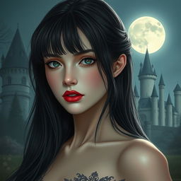 A stunning and enigmatic woman with long dark hair with bangs, very fair skin, a youthful and sweet face, and red lips, walking near a castle on a full moon night