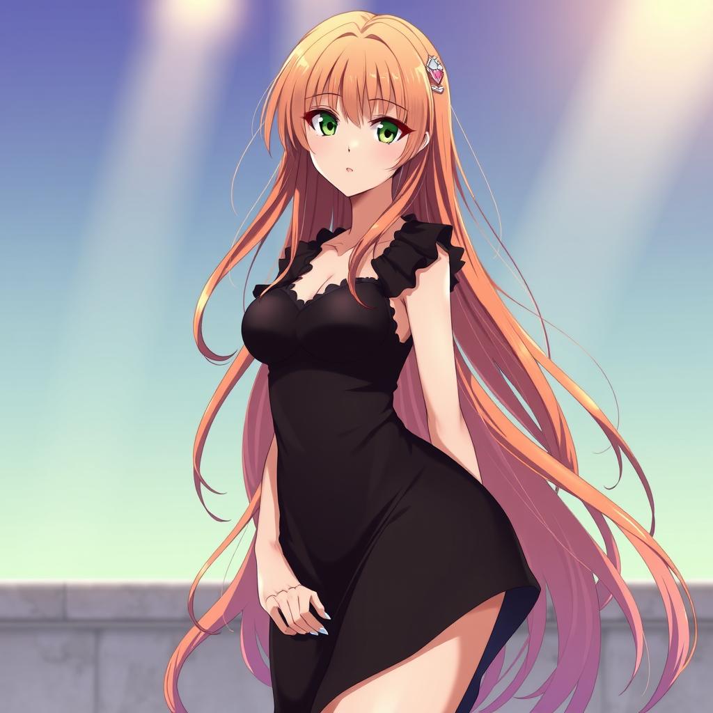 A beautiful anime girl with reddish-golden hair and a stunning figure, wearing a black dress and having narrow green eyes