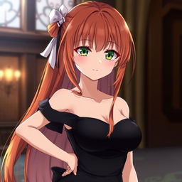 A beautiful anime girl with reddish-golden hair and a stunning figure, wearing a black dress and having narrow green eyes