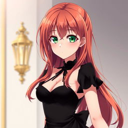 A beautiful anime girl with reddish-golden hair and a stunning figure, wearing a black dress and having narrow green eyes