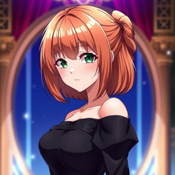 A beautiful anime girl with reddish-golden hair and a stunning figure, wearing a black dress and having narrow green eyes