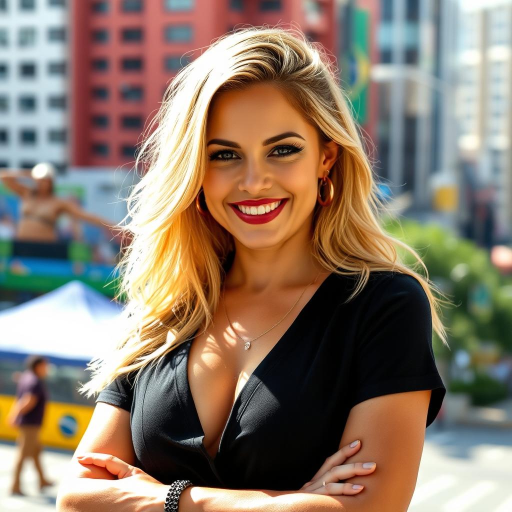 A 31-year-old attractive Brazilian woman with blonde hair, standing confidently