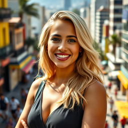 A 31-year-old attractive Brazilian woman with blonde hair, standing confidently