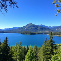 A beautiful landscape featuring a serene lake surrounded by lush green trees and mountains in the background under a clear blue sky