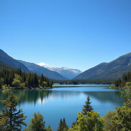 A beautiful landscape featuring a serene lake surrounded by lush green trees and mountains in the background under a clear blue sky