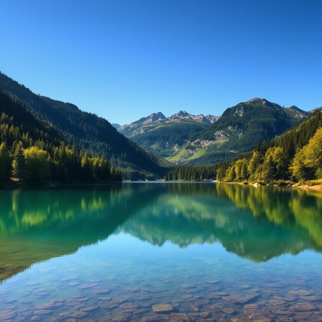 A beautiful landscape featuring a serene lake surrounded by lush green trees and mountains in the background under a clear blue sky