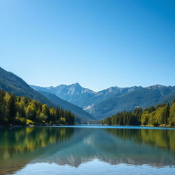 A beautiful landscape featuring a serene lake surrounded by lush green trees and mountains in the background under a clear blue sky