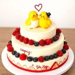 A 2-floor vegan white cheesecake with two very cute, yellow mastic smiling chicks on top