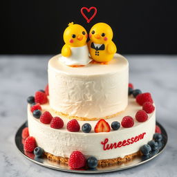 A 2-floor vegan white cheesecake with two very cute, yellow mastic smiling chicks on top