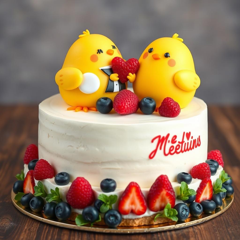 A 2-floor vegan white cheesecake with two very cute, yellow mastic smiling chicks on top