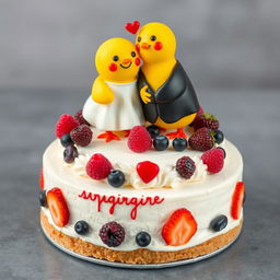 A 2-floor vegan white cheesecake with two very cute, yellow mastic smiling chicks on top