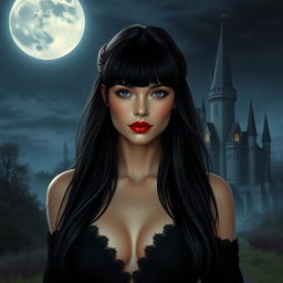 A stunning and enigmatic woman with long dark hair with bangs, very fair skin, a youthful and sweet face, and red lips, walking near a castle on a full moon night