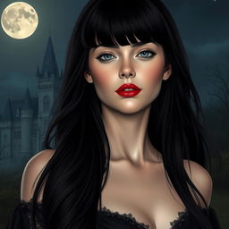 A stunning and enigmatic woman with long dark hair with bangs, very fair skin, a youthful and sweet face, and red lips, walking near a castle on a full moon night