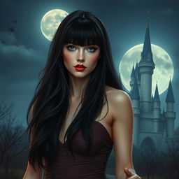 A stunning and enigmatic woman with long dark hair with bangs, very fair skin, a youthful and sweet face, and red lips, walking near a castle on a full moon night