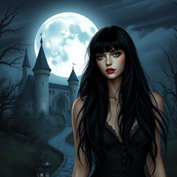 A stunning and enigmatic woman with long dark hair with bangs, very fair skin, a youthful and sweet face, and red lips, walking near a castle on a full moon night