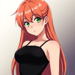 A beautiful anime girl with reddish-gold hair, green eyes, wide hips, a narrow waist, and a voluptuous chest, wearing a tight black dress