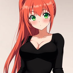 A beautiful anime girl with reddish-gold hair, green eyes, wide hips, a narrow waist, and a voluptuous chest, wearing a tight black dress