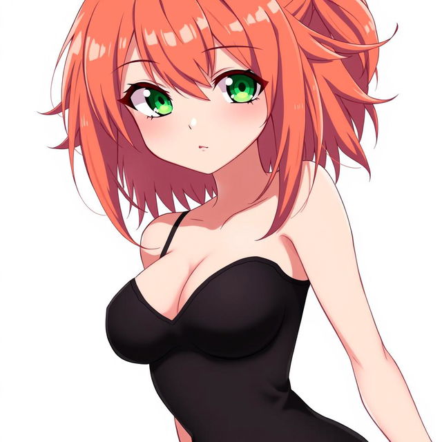 A beautiful anime girl with reddish-gold hair, green eyes, wide hips, a narrow waist, and a voluptuous chest, wearing a tight black dress