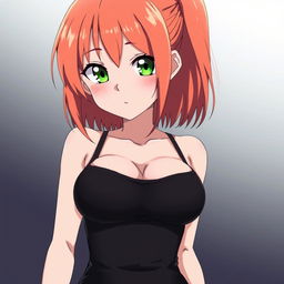 A beautiful anime girl with reddish-gold hair, green eyes, wide hips, a narrow waist, and a voluptuous chest, wearing a tight black dress