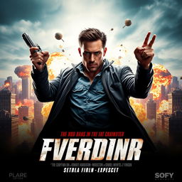 A dynamic and intense action movie poster featuring a hero in a dramatic pose, with explosions and cityscape in the background