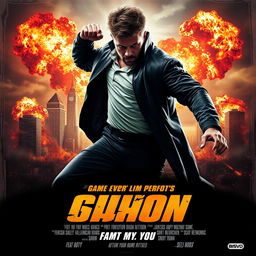 A dynamic and intense action movie poster featuring a hero in a dramatic pose, with explosions and cityscape in the background