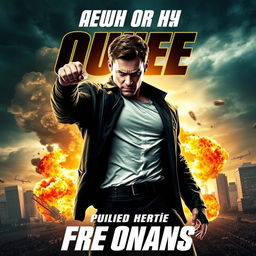 A dynamic and intense action movie poster featuring a hero in a dramatic pose, with explosions and cityscape in the background