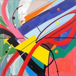 A vibrant and colorful abstract painting with a mix of geometric shapes and fluid lines, creating a dynamic and visually stimulating composition