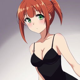 A beautiful anime girl with reddish-gold hair, narrow green eyes, wide hips, a narrow waist, and a voluptuous chest, wearing a tight black dress