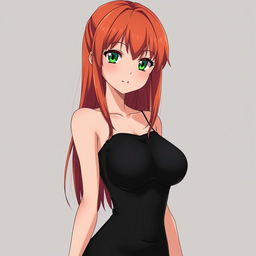 A beautiful anime girl with reddish-gold hair, narrow green eyes, wide hips, a narrow waist, and a voluptuous chest, wearing a tight black dress