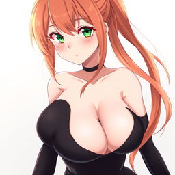 A beautiful anime girl with reddish-gold hair, narrow green eyes, wide hips, a narrow waist, and a voluptuous chest, wearing a tight black dress