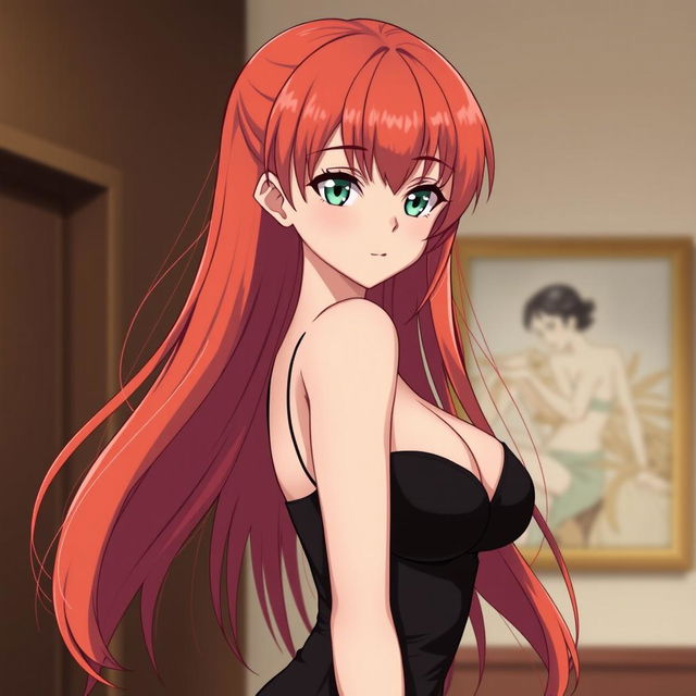 A beautiful anime girl with reddish-gold hair, narrow green eyes, wide hips, a narrow waist, and a voluptuous chest, wearing a tight black dress