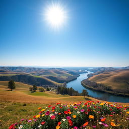 A beautiful landscape with rolling hills, a serene river, and a clear blue sky