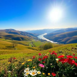 A beautiful landscape with rolling hills, a serene river, and a clear blue sky