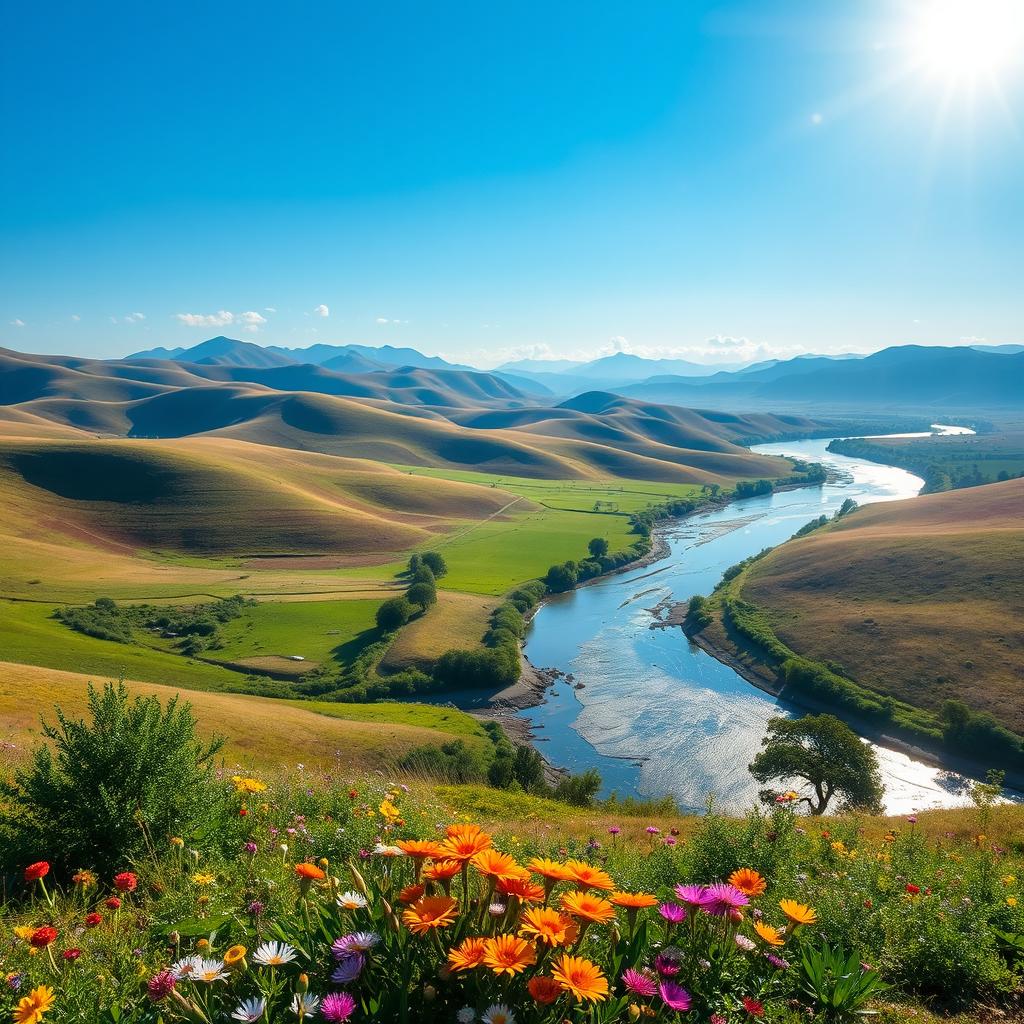 A beautiful landscape with rolling hills, a serene river, and a clear blue sky