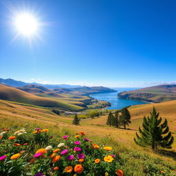 A beautiful landscape with rolling hills, a serene river, and a clear blue sky