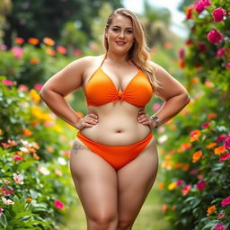 A plus-size woman wearing an orange bikini standing confidently in a lush garden