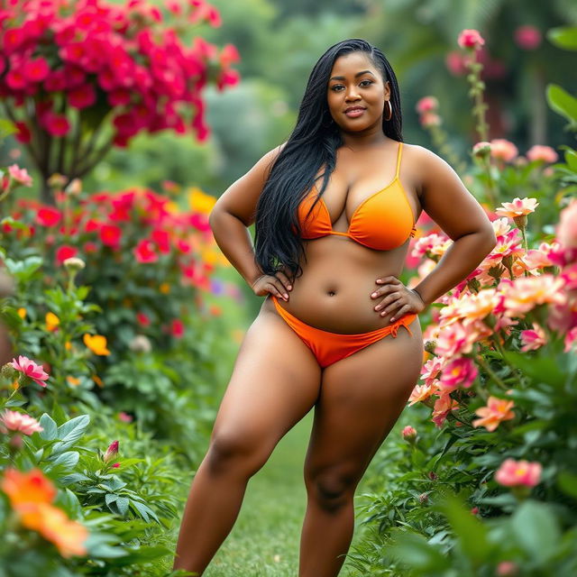 A plus-size woman wearing an orange bikini standing confidently in a lush garden