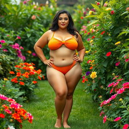 A plus-size woman wearing an orange bikini standing confidently in a lush garden