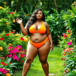 A plus-size woman wearing an orange bikini standing confidently in a lush garden