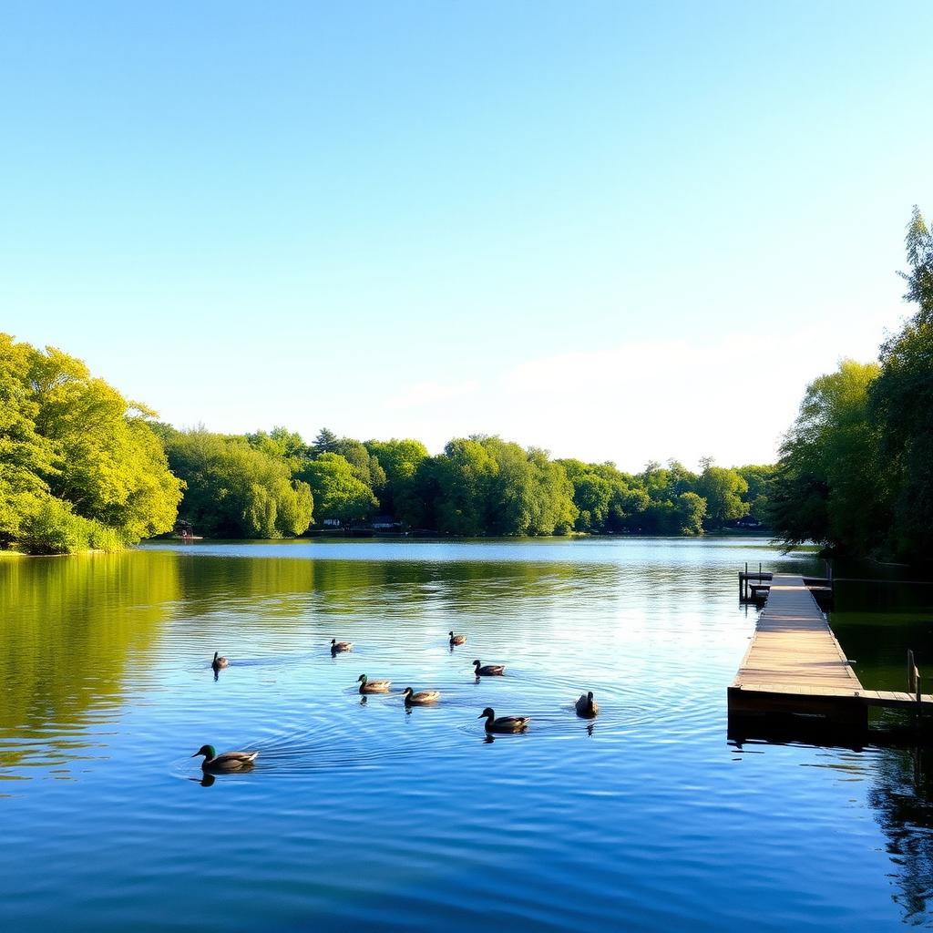 A serene landscape featuring a calm lake surrounded by lush green trees under a clear blue sky